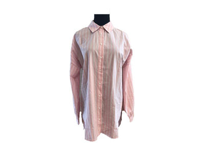 Plus Size Long sleeve Button lapel Woman Causal Blouse and Top, Pink and White Striped Turn Down Collar Shirt for Lady