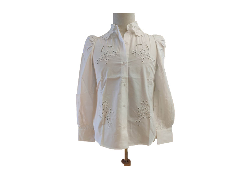 Women Embroidery Long Sleeve Top Turn Down Collar White Puff Sleeve Blouse and Shirt