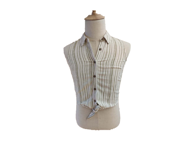 80% Viscose 20% Lino Green Stripe Women Blouse, Tie Front Sleeveless Turn Down Collar Button Women Shirt