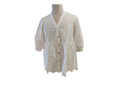 Women White Puff Half Sleeve Blouse and Top, Ladies V Neck Embroidery Shirt
