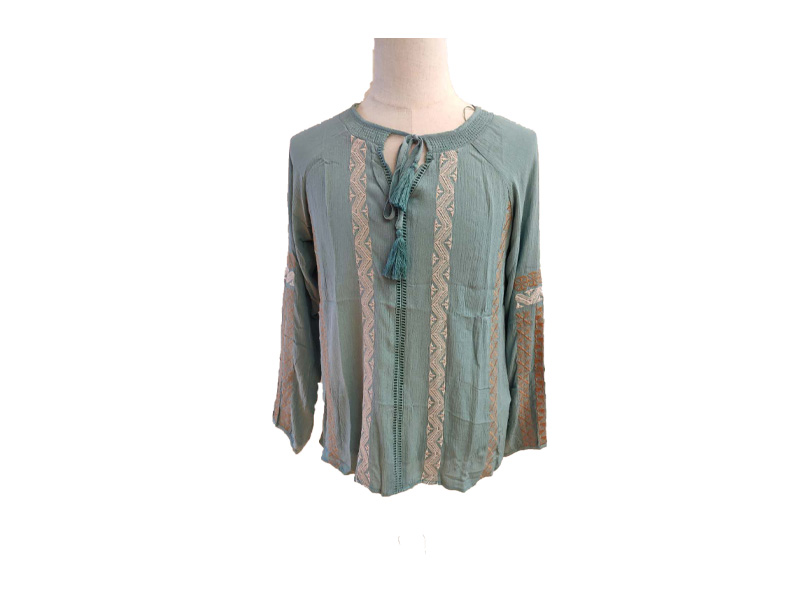 Blouse100% Viscose Marine Blue Embroidery Long Sleeve for Women