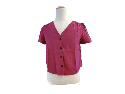 Red Puff Short Sleeve Blouse and Top for Women, Ladies Buttons V Neck Shirt