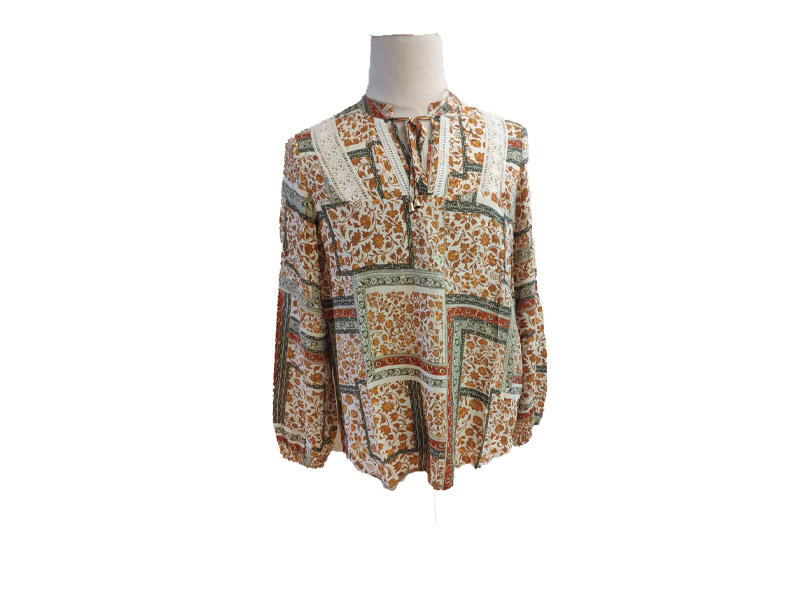 Ladies Lace-up Neck Flare Long Sleeve African Chain Print Blouse