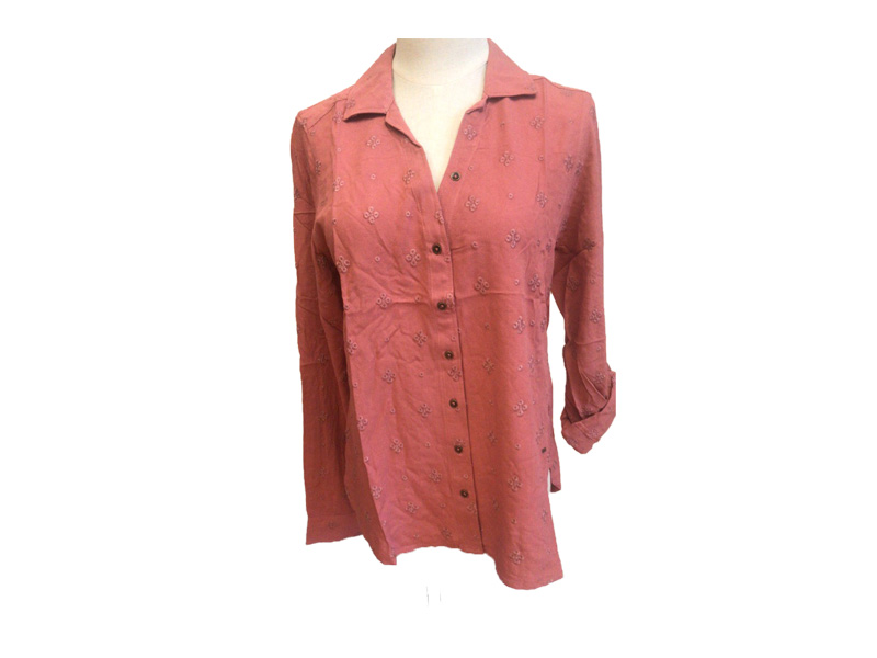 100% Viscose Lady Embroidered Turn Down Collar Button Down Long Sleeve and Roll Sleeve Blouse for Women